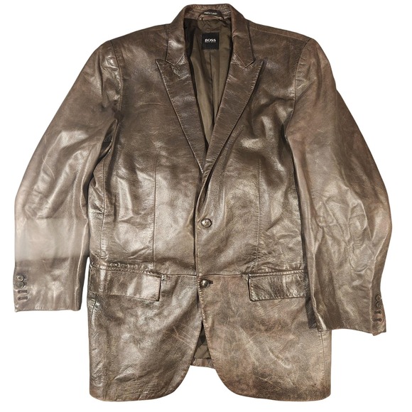 Vintage Hugo Boss Leather Jacket Mens 44R Brown Lambskin‎ Blazer Coat Y2K 90's
